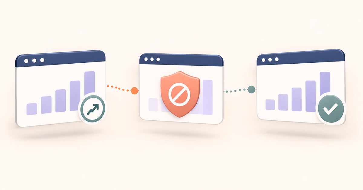 Three panels show an analytics test, a verified event, and a blocked request
