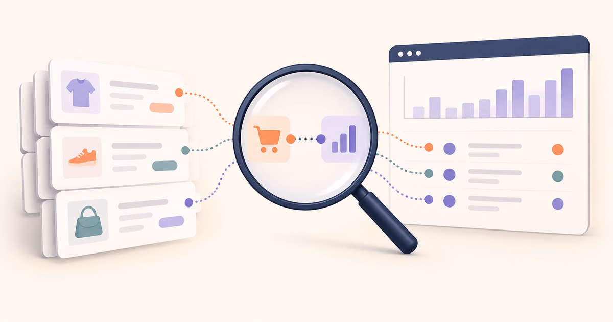 Order cards and an analytics dashboard linked under a magnifying glass